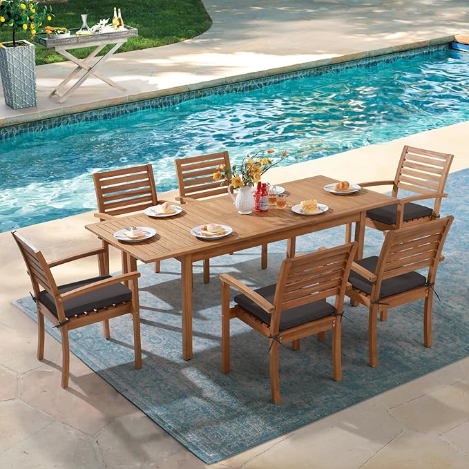 OC Orange-Casual Stackable Patio Dining Chairs Set of 2, Outdoor Acacia Wooden Chairs w/Armrest & Removeable Fabric Cushion, for Porch, Backyard, Garden, Indoor, Dark Grey