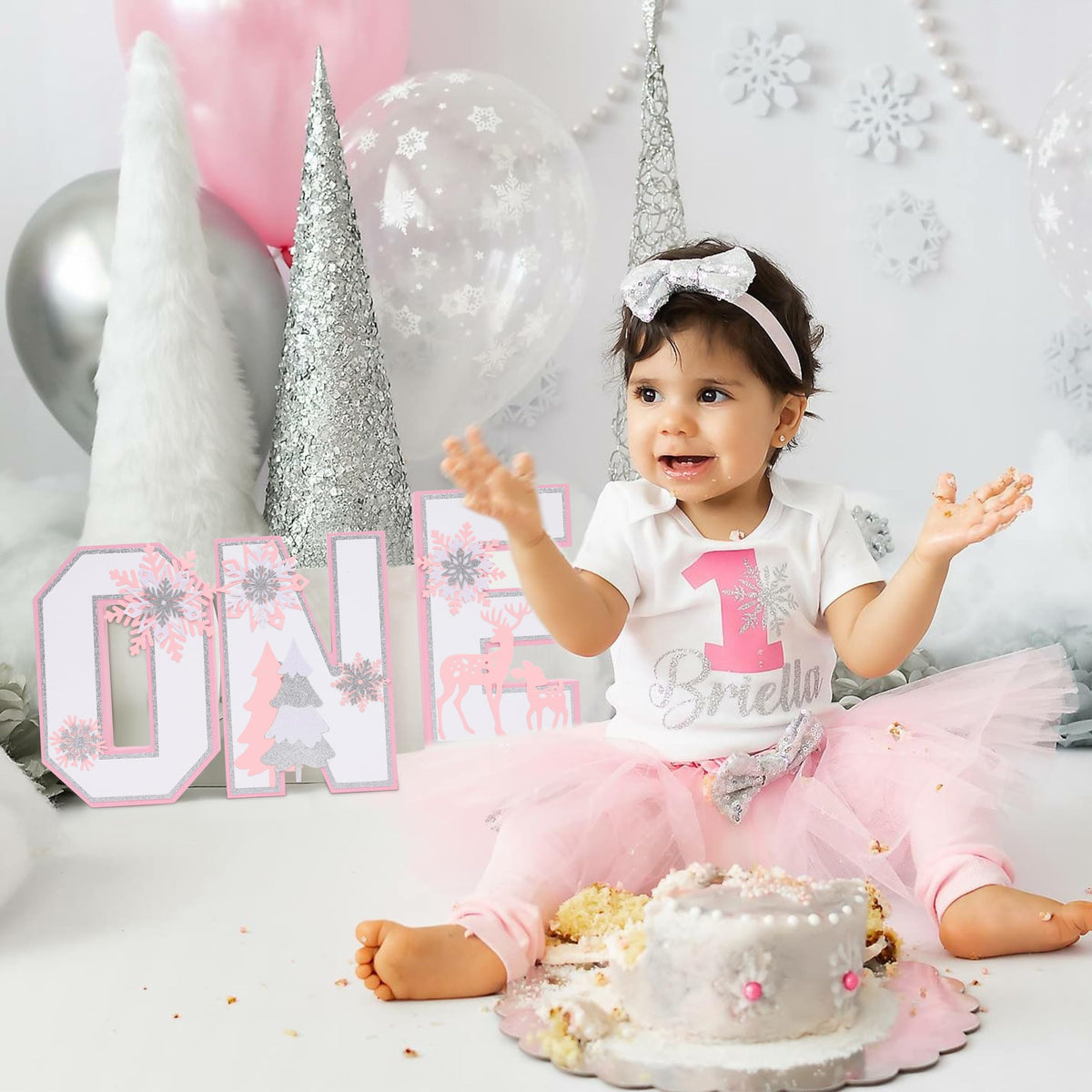Wooden Snowflakes ONE Decoration - Winter Onederland ONE Sign，Pink Centerpiece Table Decoration, Baby Girl 1st Birthday Party Supplies Photo Prop, Christmas Snowflake Home Decor.