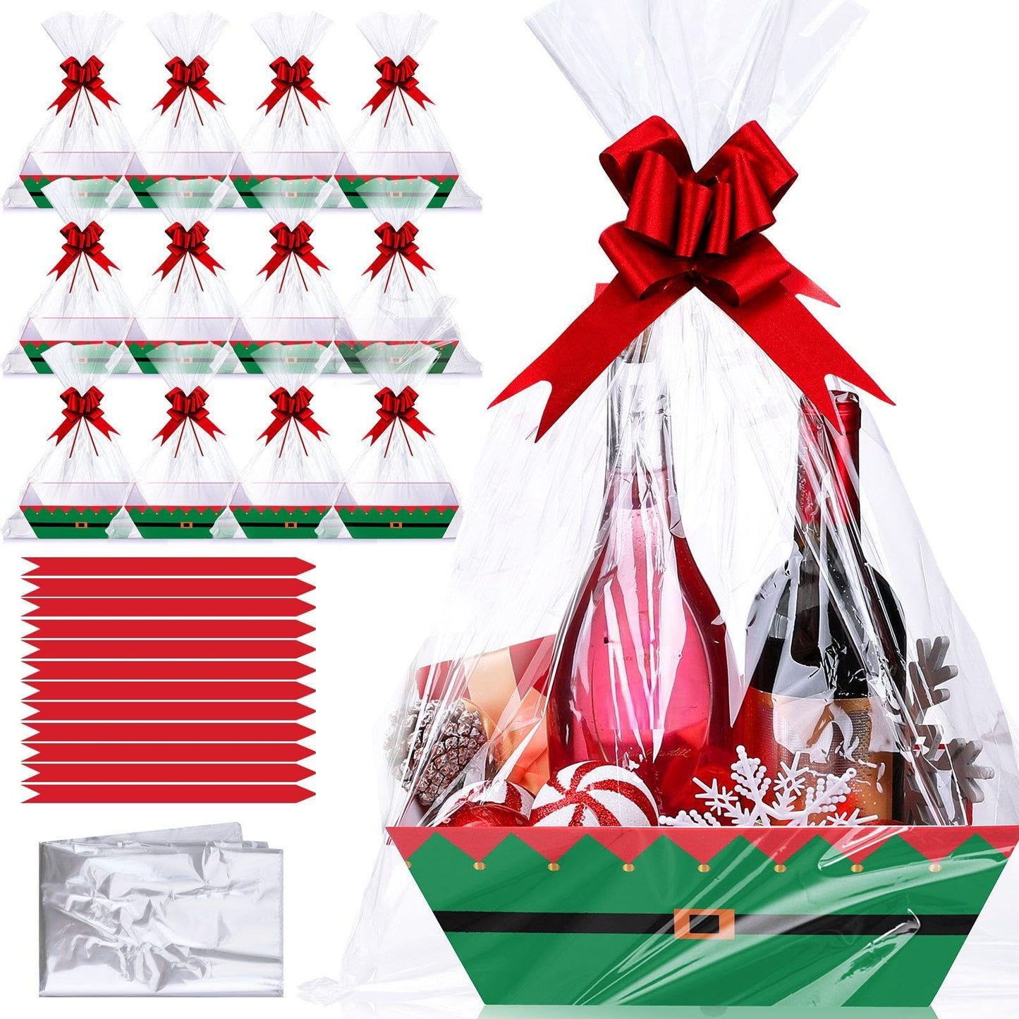 Yeaqee 36 Pcs 12 Pack 8 x 10 Inch christmas Baskets for Gifts Empty Santa Claus Baskets with Bows Ribbons Bulk Thank You Appreciation Gift Box for Holiday Party Favors
