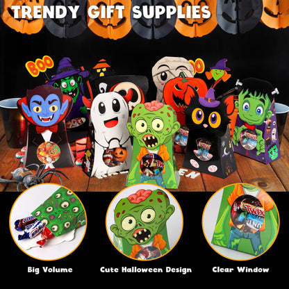 Giiffu 54-Pack Halloween Treat Boxes with Clear Window - 9 Designs Trick or Treat Candy Bags for Kids Party Favors Supplies, Classroom Exchange (6 x 4 x 2 Inches)