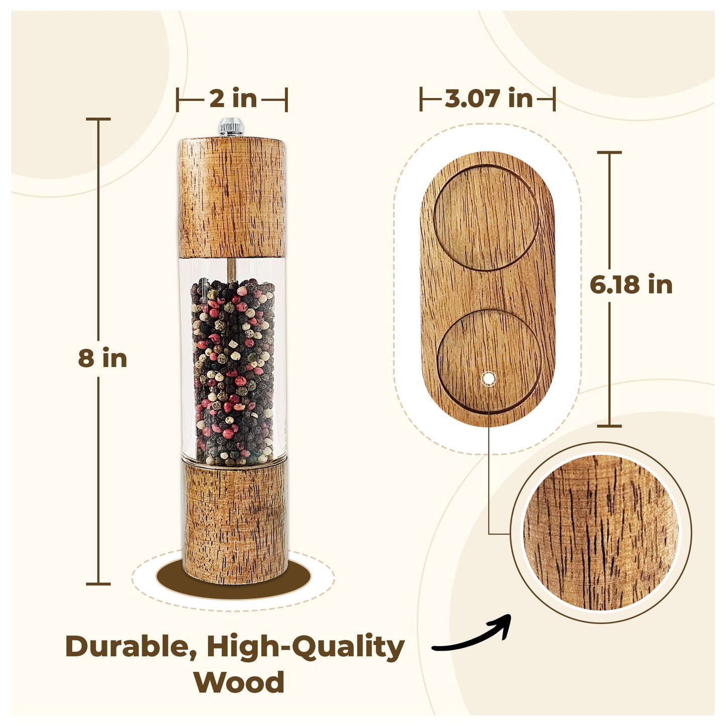 FLAVIVO Wooden Salt and Pepper Grinder Set, Manual Premium Acrylic Salt and pepper Mills with Adjustable Ceramic Core and Wooden Stand, 8-Inch Refillable Giftable Shakers (2 Pieces with Tray)