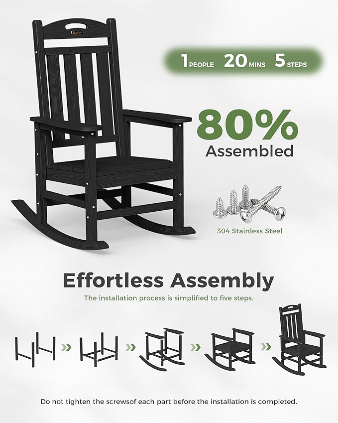 Oversized Outdoor Rocking Chairs Set of 2, High Back Porch Rocking Chair, HDPE All Weather Resistant Rocking Chairs for Patio, 380lbs Weight Capacity, Black
