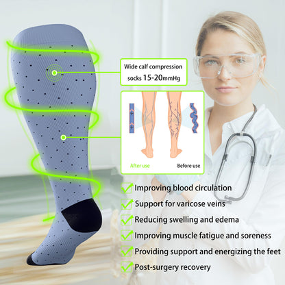LEVSOX Bamboo Plus Size Compression Socks for Women Men Wide Calf 15-20mmHg Knee High for Pregnancy, Nurse, Travel, 3 Pair-polkadots, 3XL