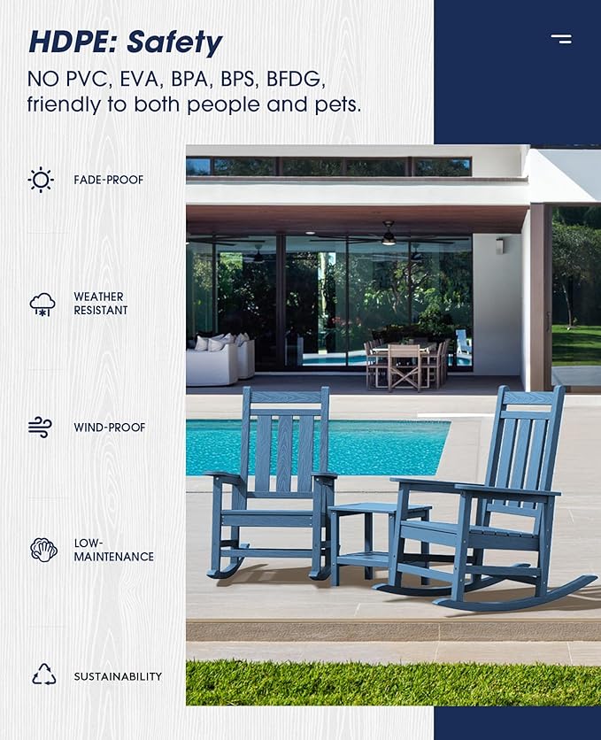 KINGYES Oversized Outdoor Rocking Chair Set of 8, All-Weather Patio Rocking Chairs for Porch, HDPE Outdoor Patio Rockers with High Back & Wide Seat for Garden, Lawn, Blue