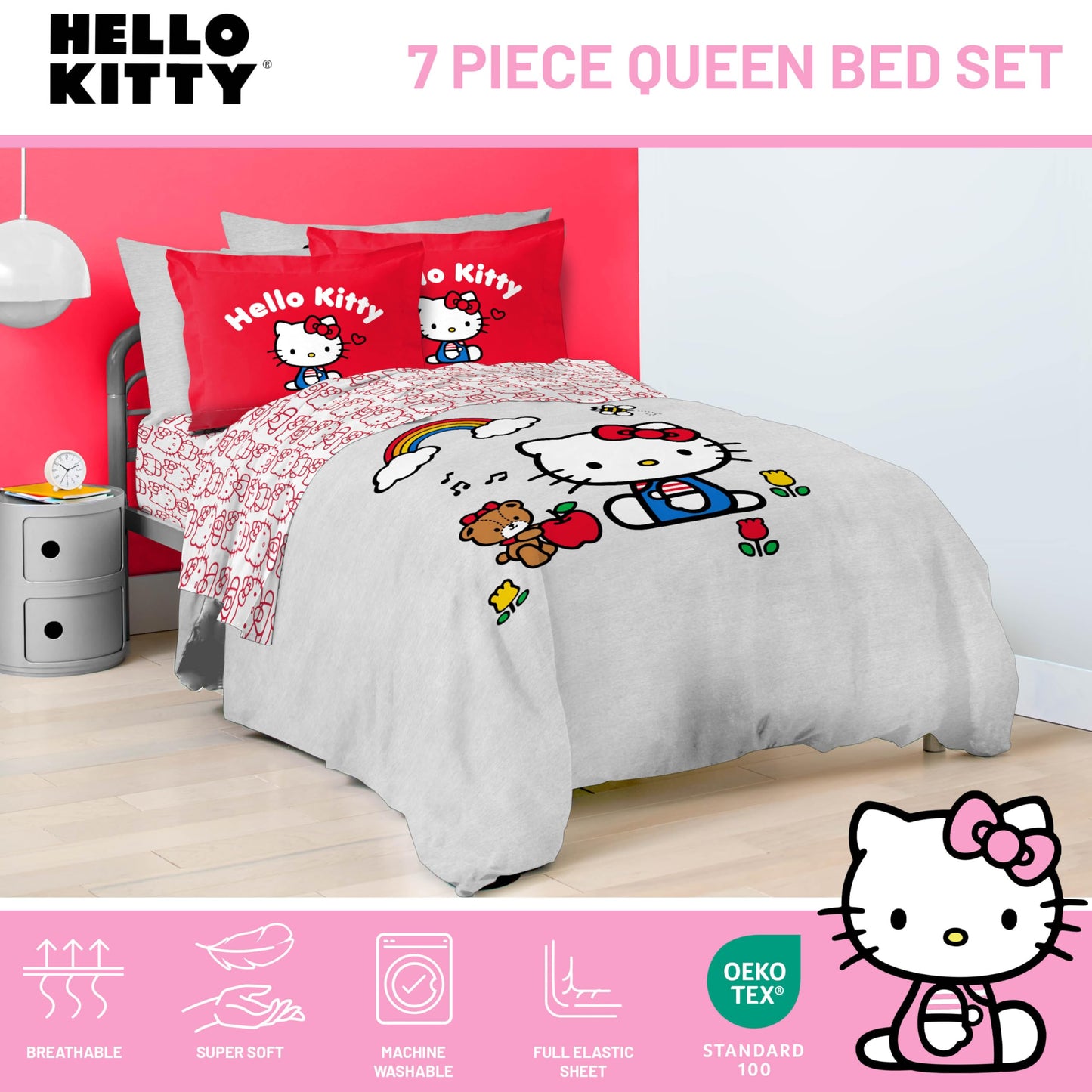 Jay Franco Sanrio Hello Kitty Queen Size Comforter Set - 7 Piece Red & Grey Bedding Includes Sheet Set & Pillow Covers - Super Soft Cozy Kawaii Bedding