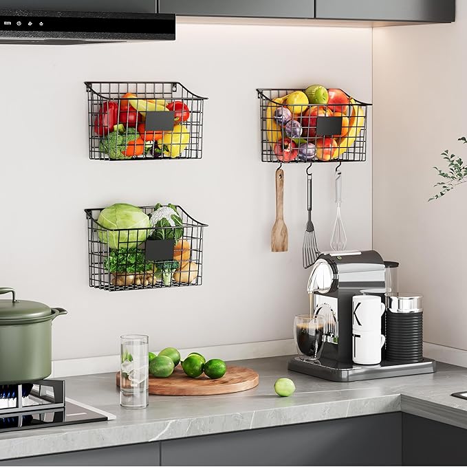 Wall Mounted Bin Basket with 5 Hooks 3 Label Plate Adhesive-3 Pack, Cabinet