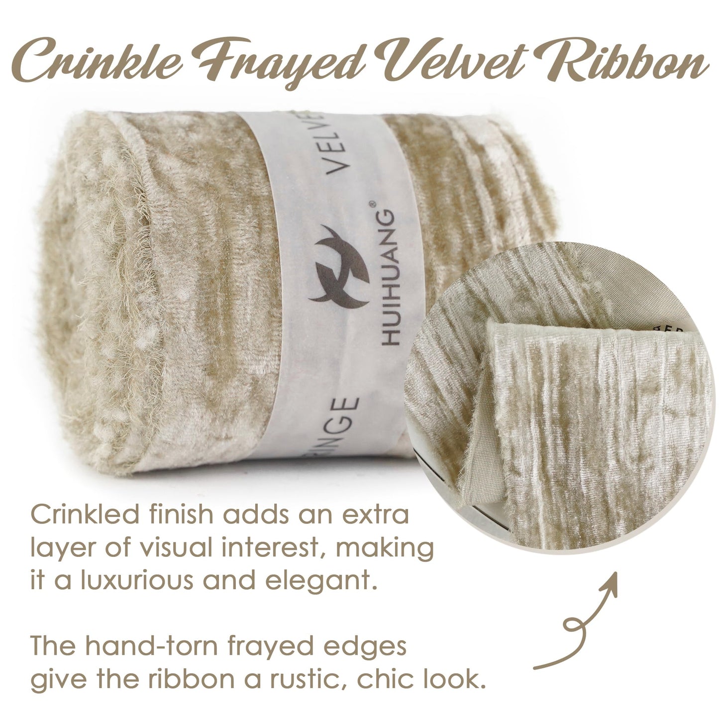 HUIHUANG Taupe Velvet Crinkled Frayed Ribbon - 3 Inch Wide Champagne Fringe for Wreaths, Christmas Tree, Flower Bouquet, Gift Wrapping, Wedding & Bridal Shower Decor
