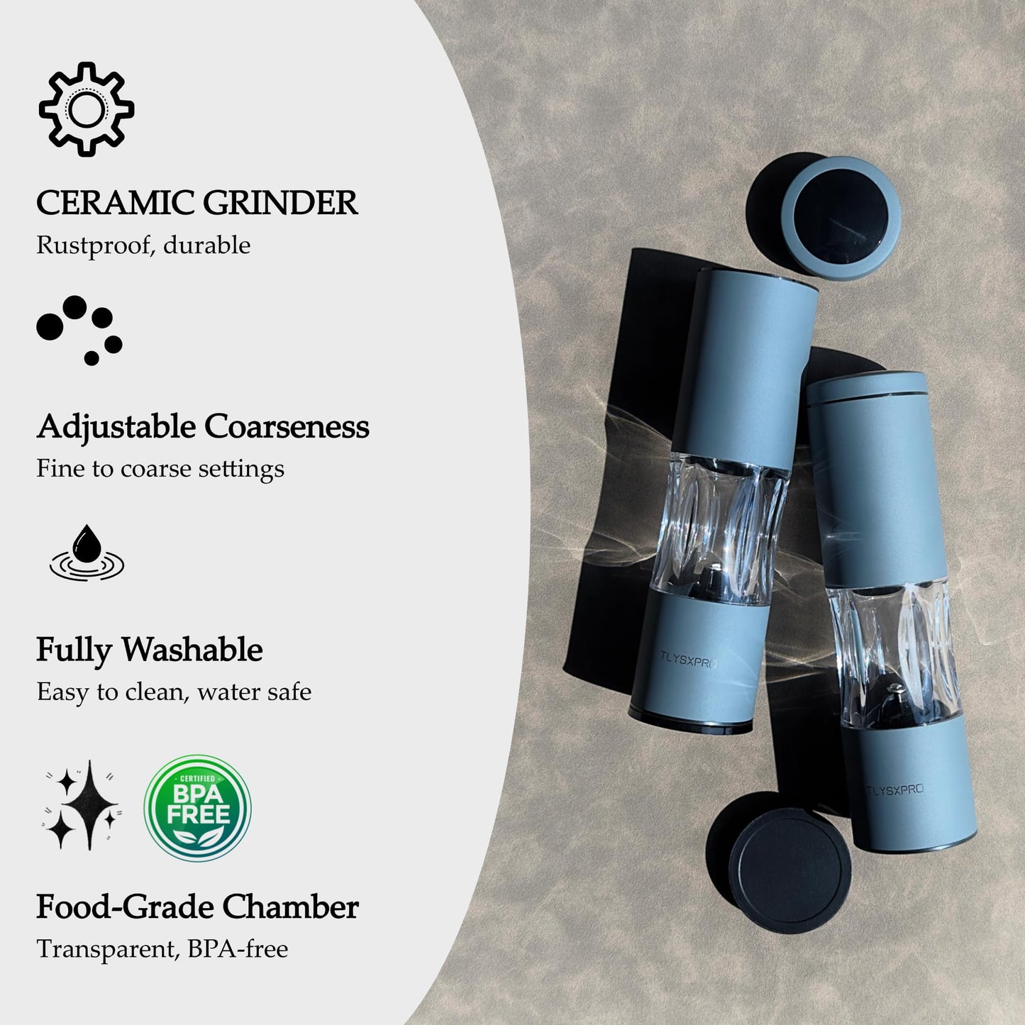 Salt and Pepper Grinder Set with Adjustable Coarseness | Manual Pepper Mill Grinder with Refillable Design | Ceramic Core | Kitchen Essential (2 Packs, Blue-Grey)