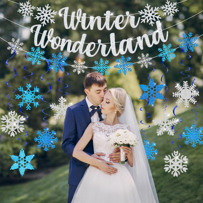 Ouddy Life 36 Pcs Winter Wonderland Christmas Decorations, Hanging Snowflake Swirls Ceiling Streamers, Glitter Paper Spiral Snowflakes Ornaments Banners Honeycomb for Xmas Frozen Party Birthday Decor