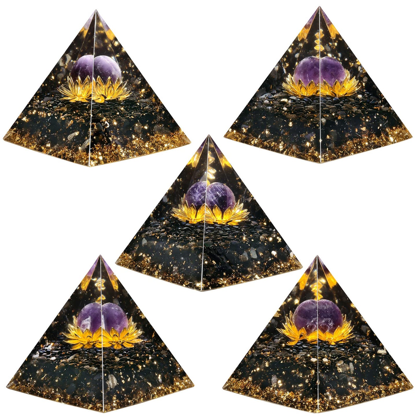 mookaitedecor Amethyst Crystal Sphere Orgone Pyramid with Obsidian Tumbled Stones and Golden Lotus Orgonite Energy Generator for Protection Meditation Home Decor