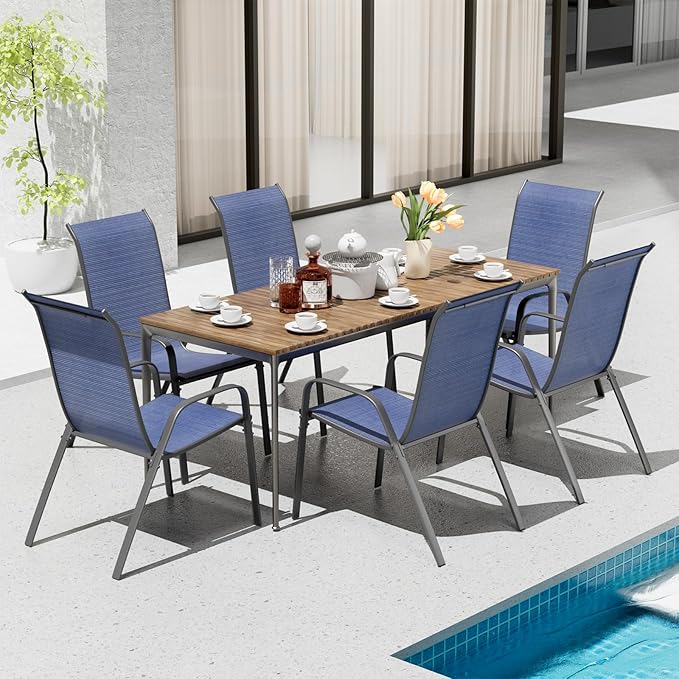TLSUNNY Patio Chairs, Stackable Textilene Outdoor Dining Furniture for All Weather, with 17.7″ Wide Seat & Metal Frame, for Garden, Backyard, Deck, Restaurant, Poolside (6, Navy Blue, 26.4″)