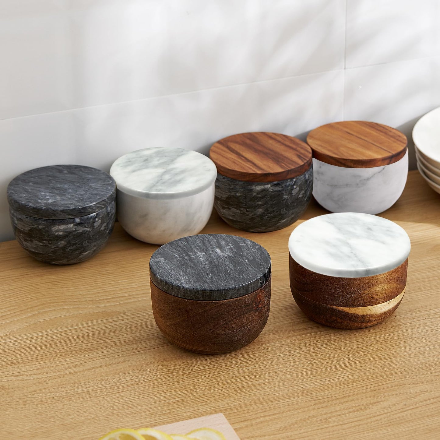 jalz jalz Salt Box Salt cellar with spoon Black Marble Base Natural Acacia Top Decorative Boxes Spice Seasonings Keeper Salt Container Elegant Design Salt Cellar Spice Cellar