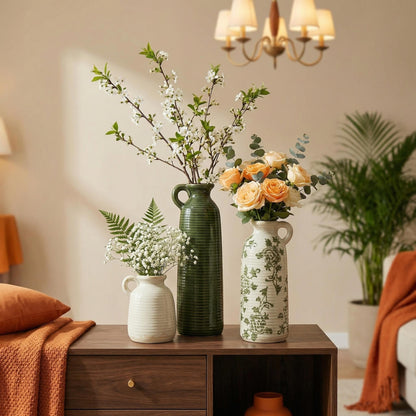 LIFESTYLO Ceramic Vase Set of 3 with Handles, Green White Neutral Rustic Modern Farmhouse Boho Decor, Versatile as Table Centerpiece or Mantel & Shelf Accent - Unique Home Gift Idea