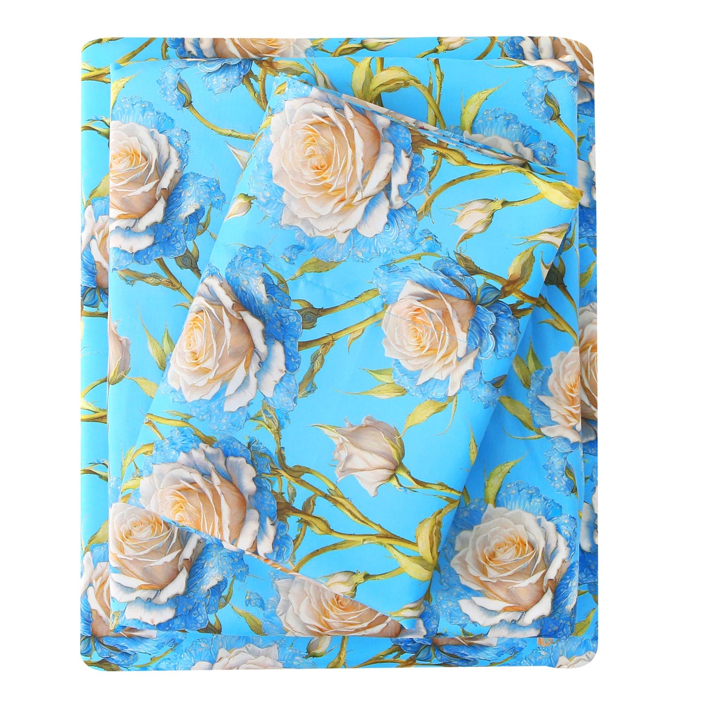 Mooreeke Cozy Floral Microfiber Printed Twin Sheet Set - Soft & Breathable 3D Rose Bed Sheets with Deep Pocket - Non-Slip Fitted Design - Blue White Rose Pattern - Queen