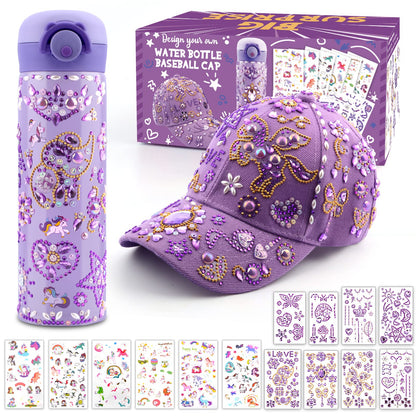 Gifts for Girls Age 4-12, Birthday Gifts Presents for Girls 5 6 7 8 9 10 11 Year Old, Back to School DIY Water Bottle and Baseball Cap Toys for Girl Craft Kit, Decorate Your Own Water Bottle Kids