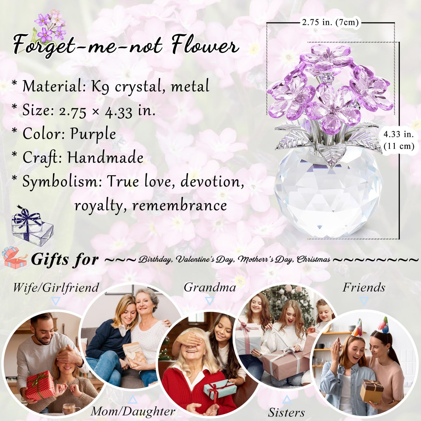 YWHL Purple Crystal Forget Me Not Flower Gifts for Women, Crystal Glass Figurines Home Decor, Handmade Collectible Figurine Ornaments for Tabletop Centerpieces