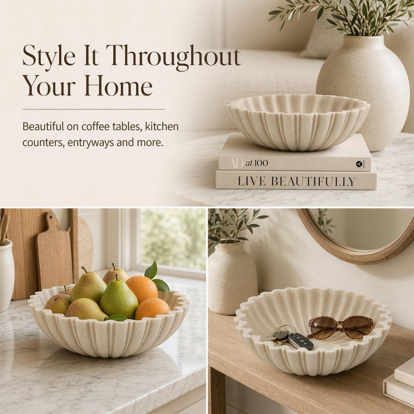 HFWDGTAO Decorative Bowl for Home Decor, 10.6" Large Modern Beige Scalloped Fruit Bowl for Coffee Table, Entryway Table, Kitchen Counter, Centerpiece for Keys or Candy