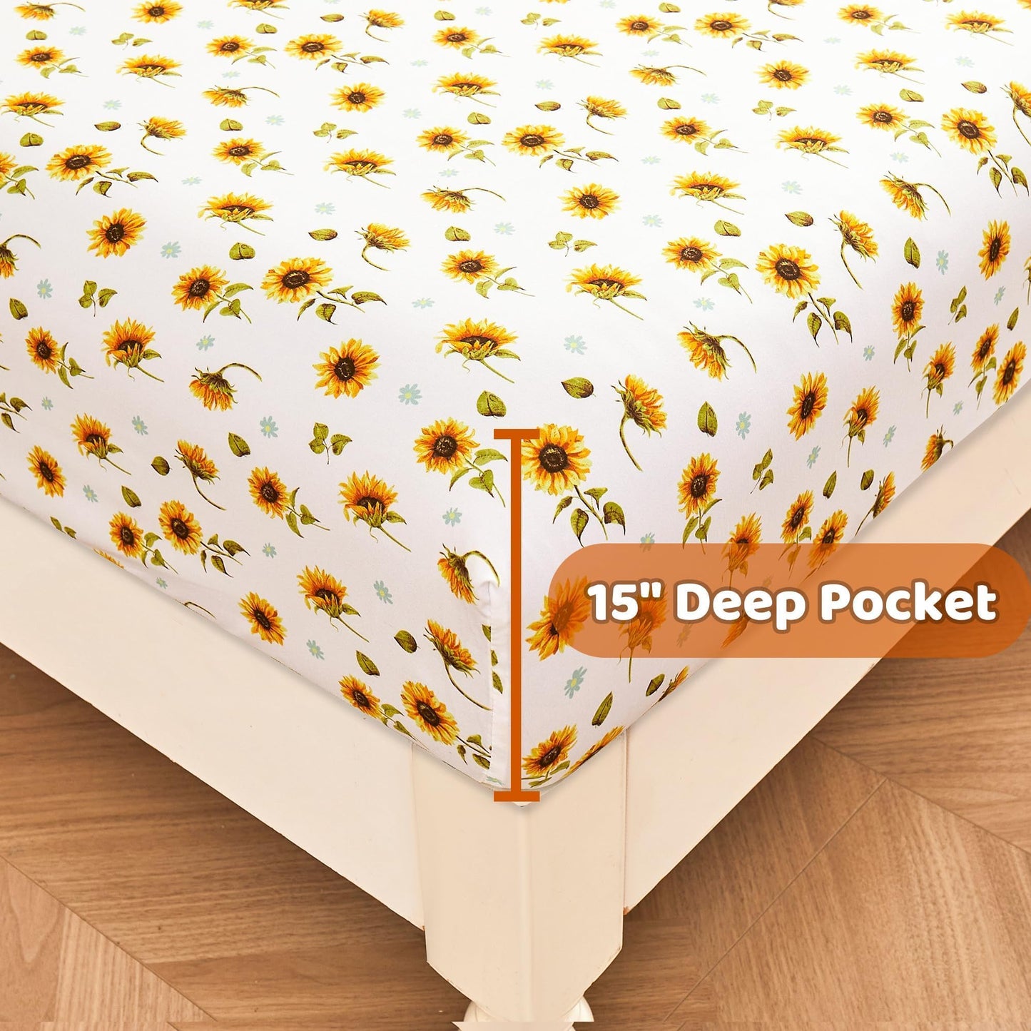 Softan Floral Sheet Set Full, Sunflower Printed Bed Sheets Double, Brushed Microfiber Fitted Sheet with 15" Deep Pocket & Non-Slip Straps, Yellow Flower Pattern Sheet & Pillowcase Sets
