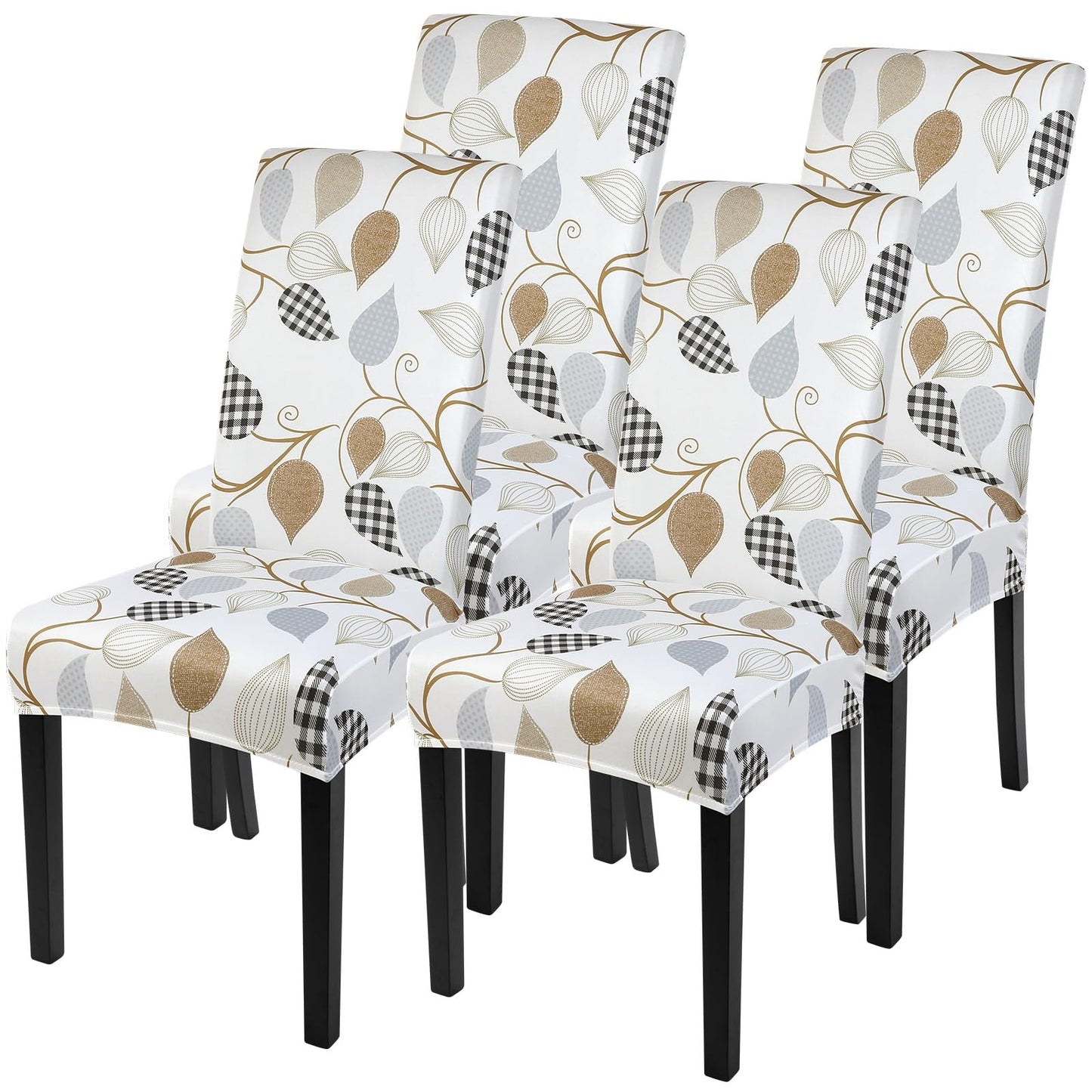 SearchI Dining Room Chair Covers Set of 4, Stretch Printed Floral Parsons Chair Slipcovers Removable Washable Kitchen Chair Protector Cover for Dining Room, Hotel, Ceremony (Checked Leaf Pattern)