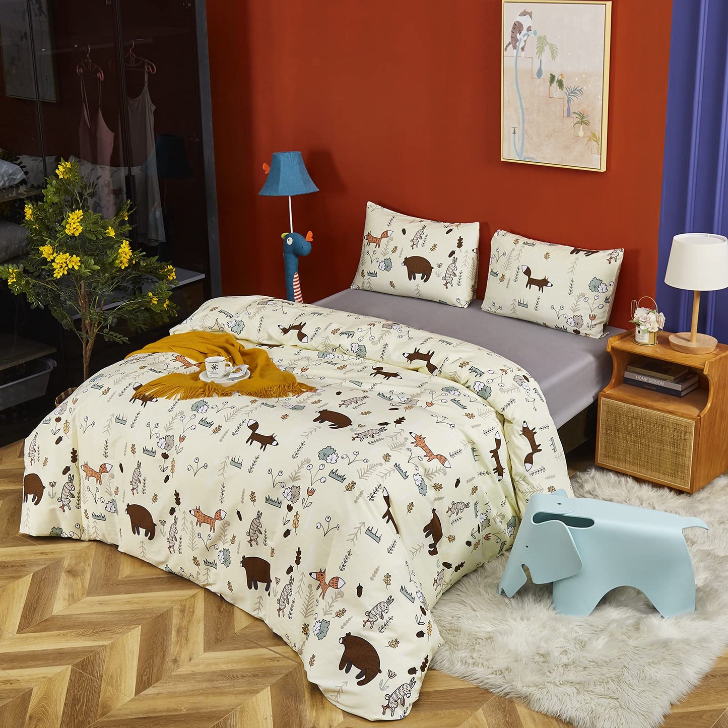 CLOTHKNOW Yellow Queen Duvet Cover Sets Kids Cartoon Bedding Sets Animal Woodland Fox Rabbit Theme Bedding Queen with 2 x Pillow Cases