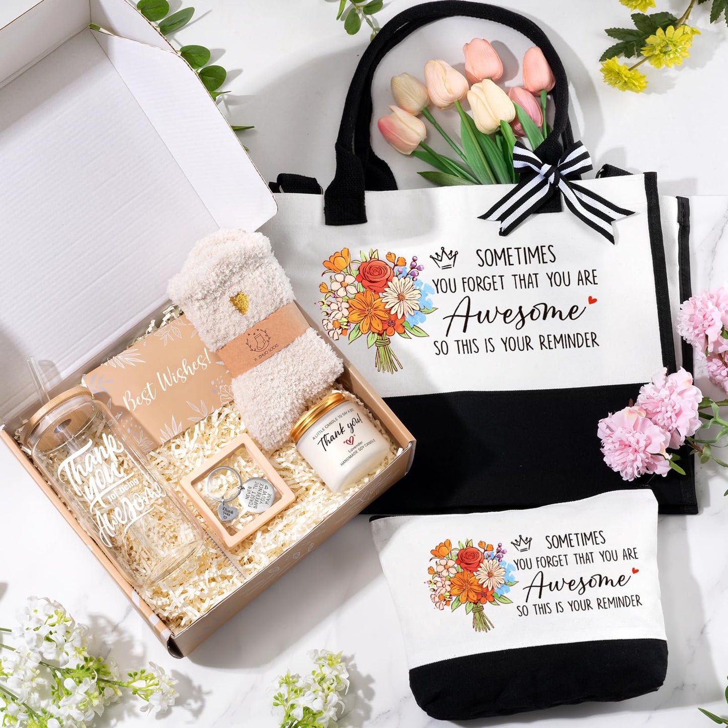 iAOVUEBY Thank You Gifts for Women, Employee Appreciation Gifts for Coworkers Teacher Nurse Boss Mom Farewell Retirement Thank You Gift Box, Canvas Tote Bag Tumbler Gratitude Gift Baskets