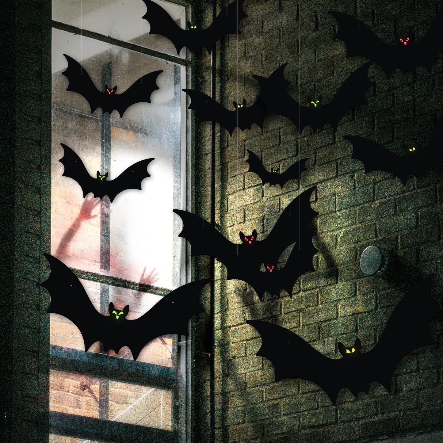 VERNILLA Hanging Bats Halloween Decorations 12pcs Halloween Hanging Flying Bat with Glowing Eyes for Outdoor Decor