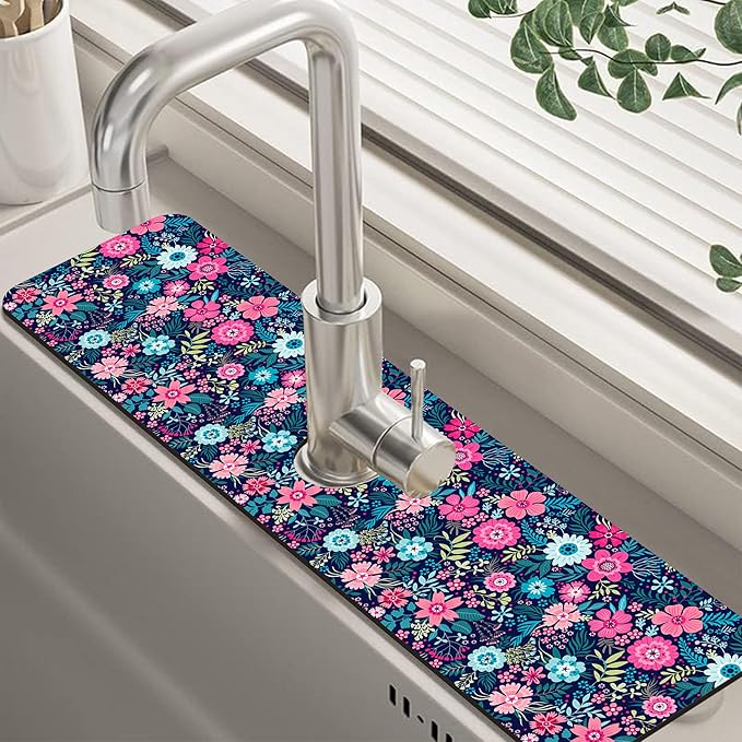 Modern Blue and Pink Floral Sink Faucet Absorbing Mat Sink Splash Guard Faucet