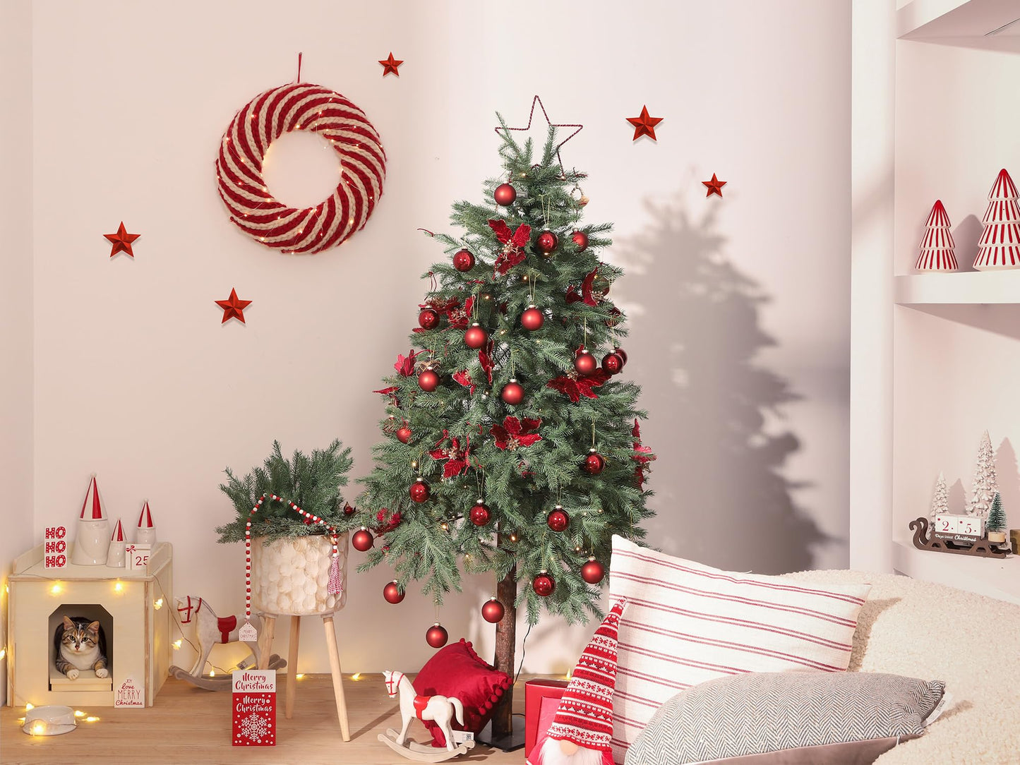 WDS WONDROUS Glass Christmas Hanging Ball Ornaments, Set of 12 Decorative Balls for Xmas Tree Decoration, Shiny and Matte Deep Red Christmas Ornaments