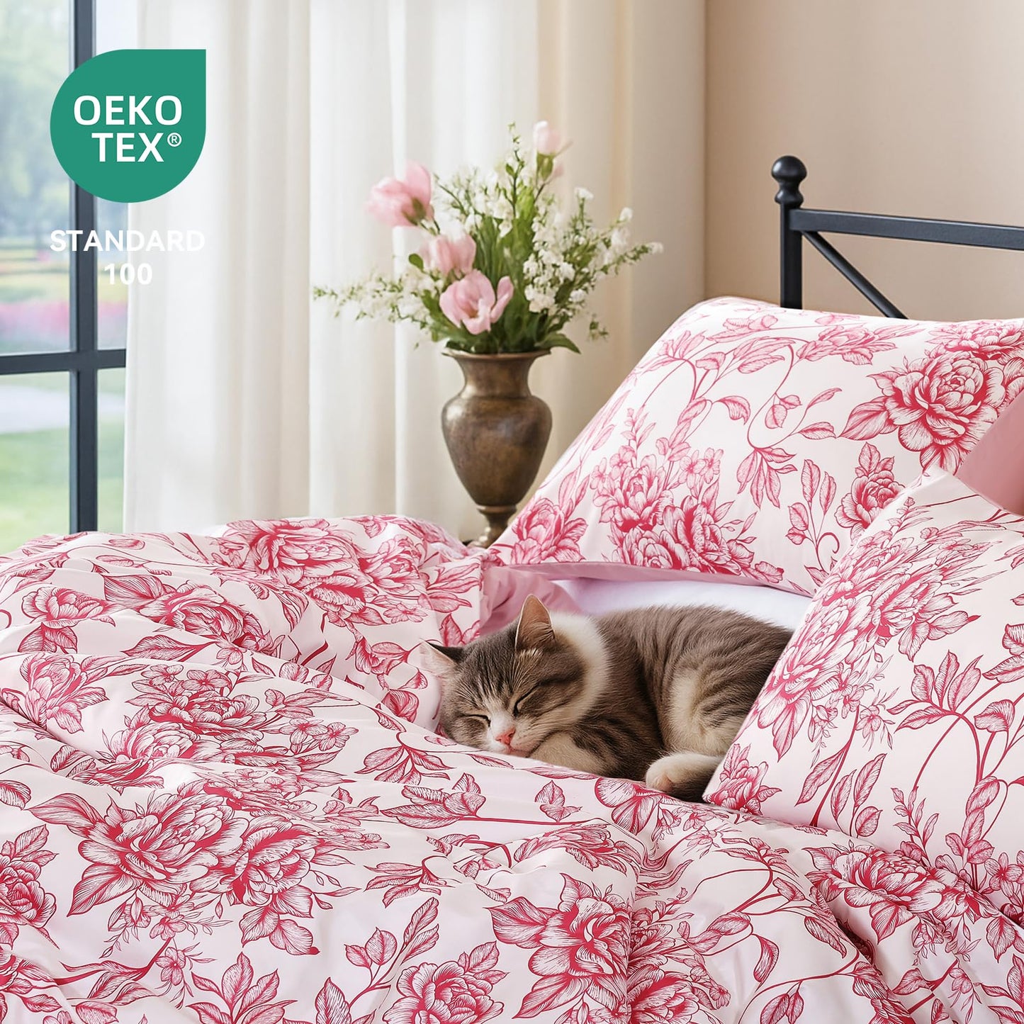JANZAA King Size Comforter Set - Pink Floral Comforter, 3 Piece Cute Floral Bedding for All Season, 1 Soft Fluffy Breathable Microfiber Comforter Set with 2 Pillow Shams