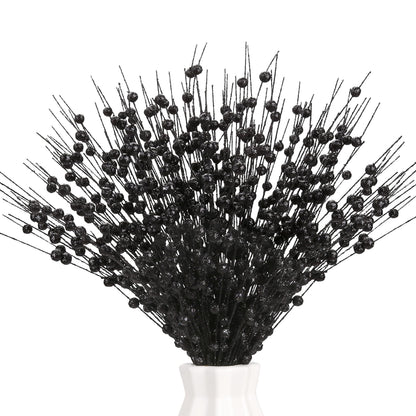 Megoogo 12 PCS Artificial Glitter Berry, Black Glitter Picks Artificial Berries Stems for Christmas Ornaments Fake Stem Decorative Sticks for Vases Tall DIY Wreath Halloween Decor