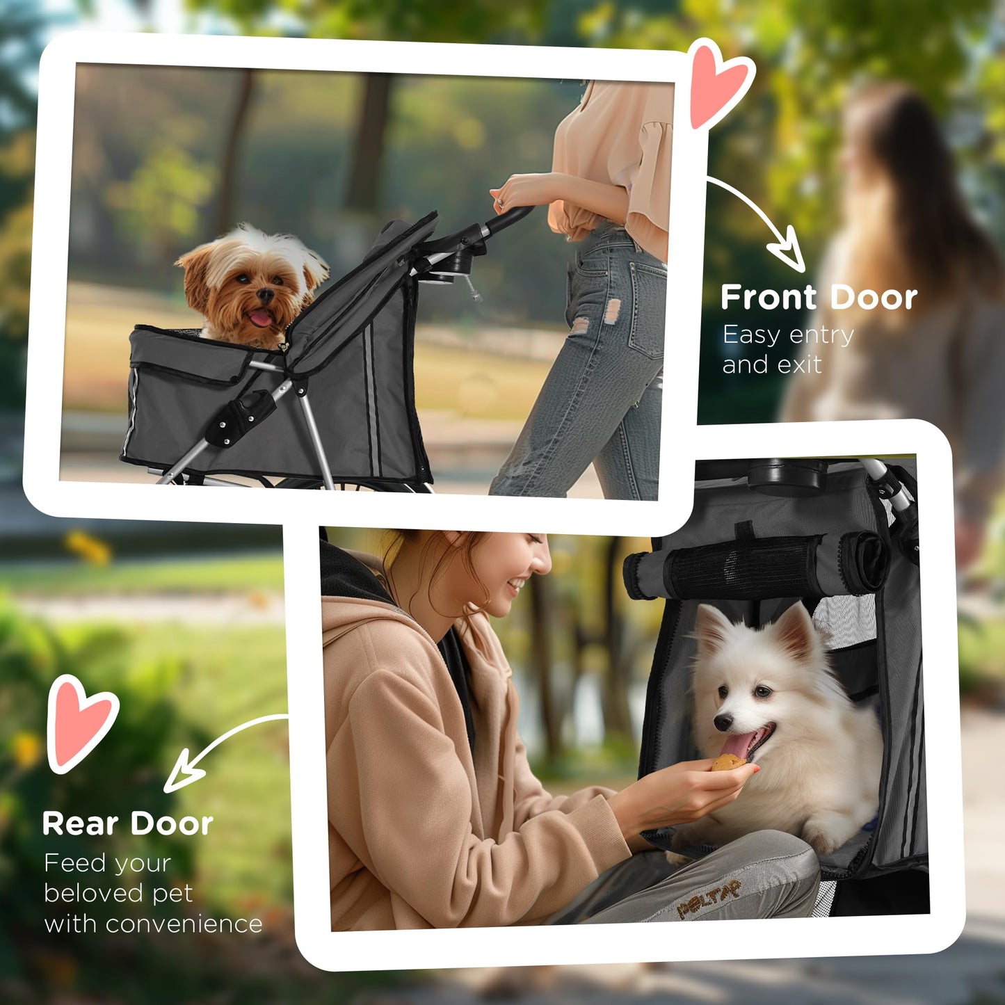 PawHut Pet Stroller for Small Miniature Dogs Cats Foldable Travel Carriage with Wheels Zipper Entry Cup Holder Storage Basket Grey