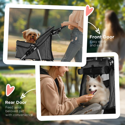 PawHut Pet Stroller for Small Miniature Dogs Cats Foldable Travel Carriage with Wheels Zipper Entry Cup Holder Storage Basket Grey