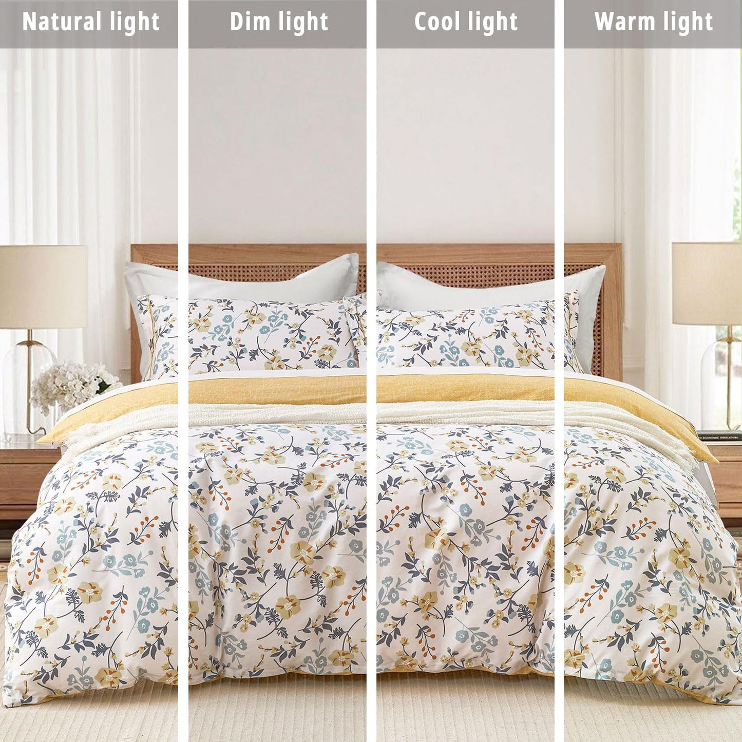 LEMIROE Yellow Floral Cotton Comforter King Size - Orange, Blue & Slate Gray Botanical Pattern on Off White, Reversible Design, 3PC Lightweight Bedding Set with Soft Alternative Fill (King)