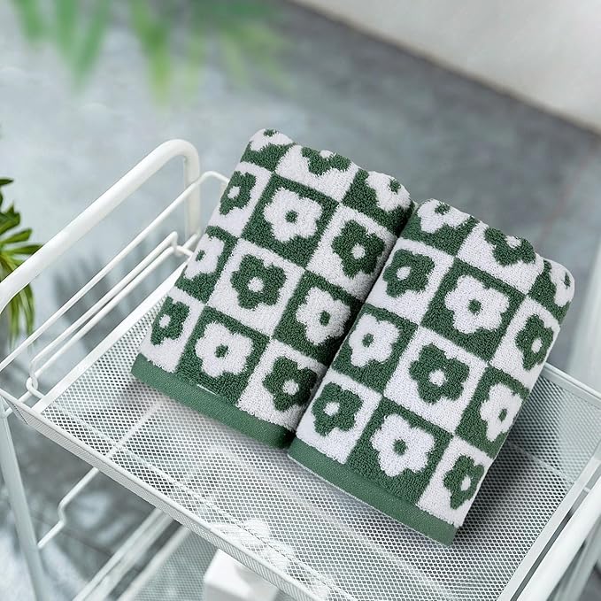 Jacquotha Cotton Hand Towels Green Checkered Floral