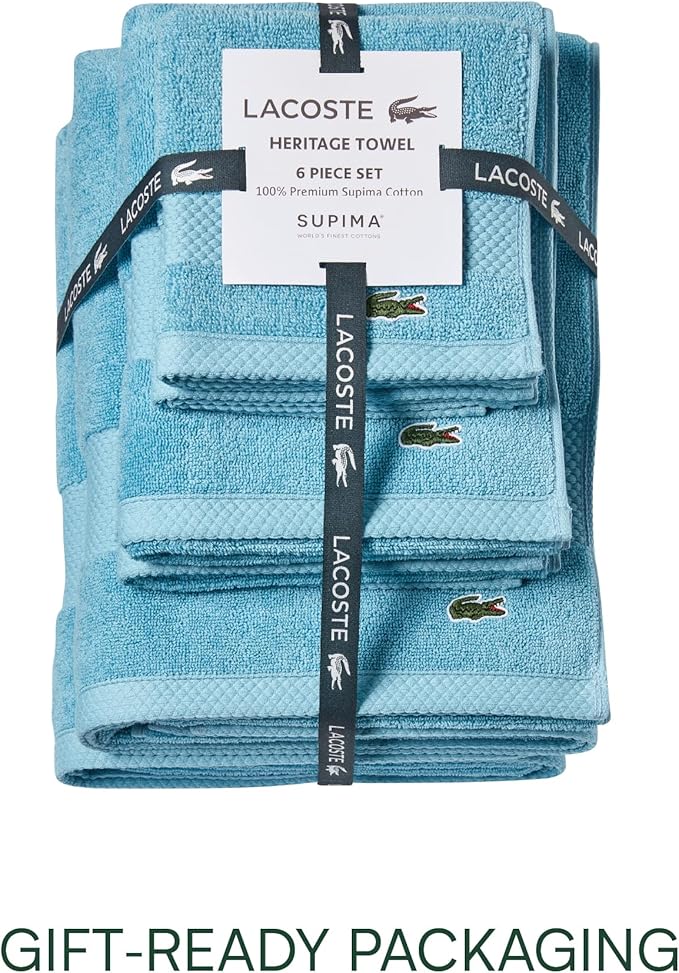 Lacoste Heritage Supima Cotton 6-Piece Towel Set, 2 Bath Towels, 2 Hand Towels