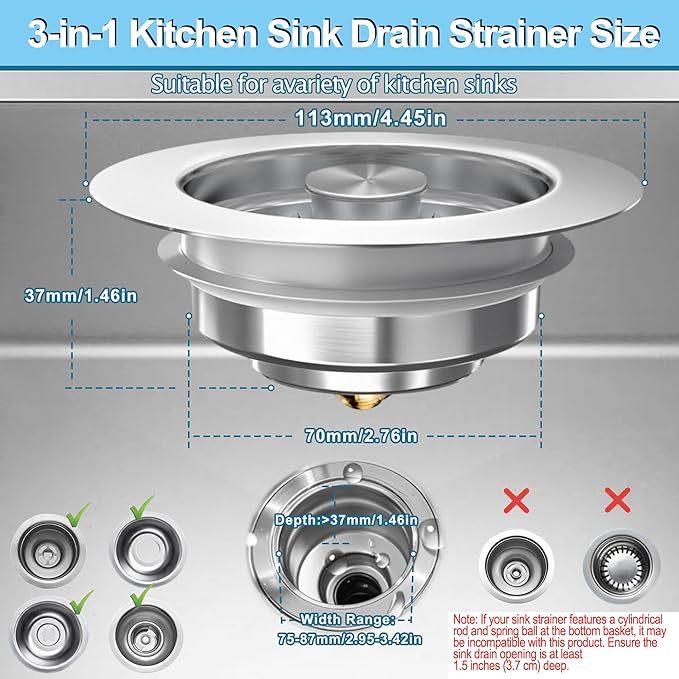 3-in-1 Kitchen Sink Drain Strainer & Stopper, Stainless Steel Food Catcher Plug