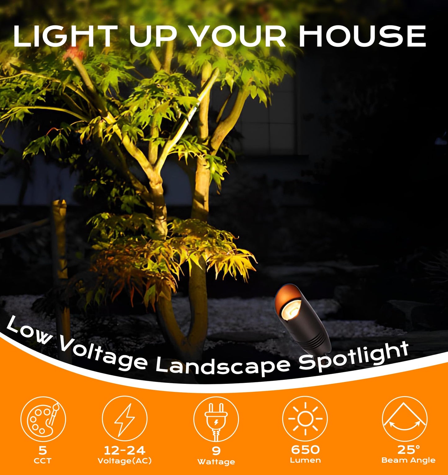 CLOUDY BAY 9W 5CCT LED Landscape Lighting Low Voltage (AC/DC 12V) Outdoor Spotlights with Spike Stand,Waterproof Pathway Lights,2200K/2700K/3000K/4000K/5000K Selectable,Pack of 4,Bronze