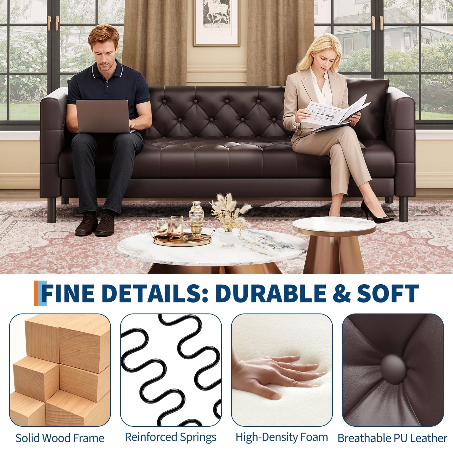 GAOMON 81" Leather Couch, Handmade Button Tufted 3 Seater Sofa, Chesterfield Sofa with Deep Seat and 2 Pillows, Leather Sofa for Living Room Apartment, Office, Dark Brown