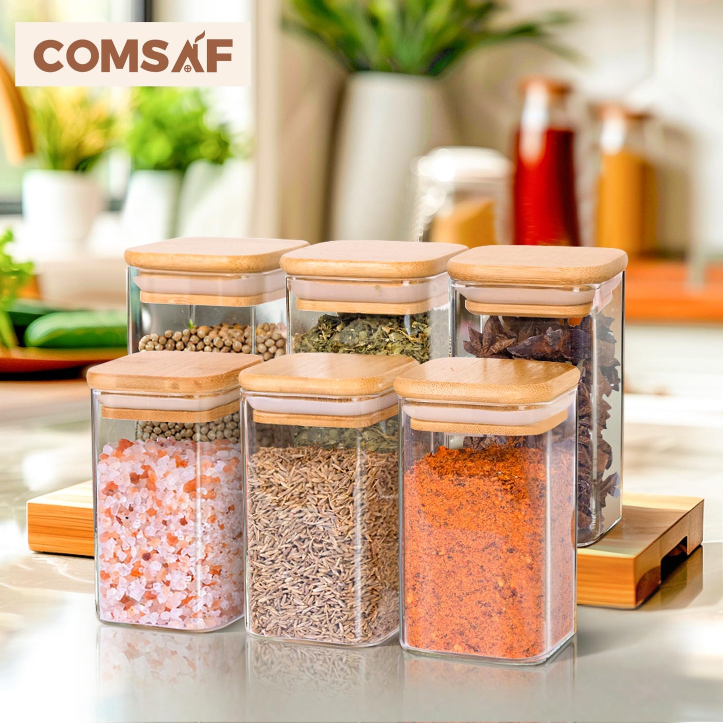 ComSaf 16Pcs Glass Spice Jars with Bamboo Lid, 4oz Airtight Square Spice Containers with 275 Black Lables, Empty Seasoning Jars for Spice Salt Sugar