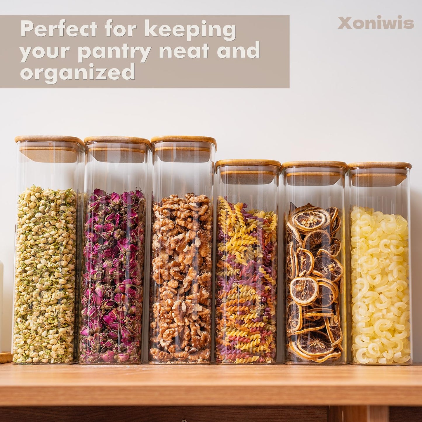 Xoniwis 3-Pack 2.2Qt Rectangle Glass Spaghetti Jars with Bamboo Lids