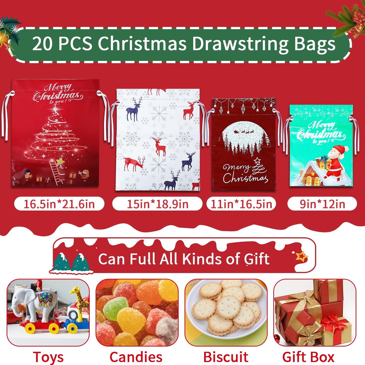 Yunaeduo Drawstring Christmas Gift Bags -20PCS Christmas Bags Assorted Sizes for Presents - Plastic Wrapping Bags Bulk - Xmas Gift Bags, 4 Designs (5 of Each) Extra Large/Big/Medium/Small Sizes