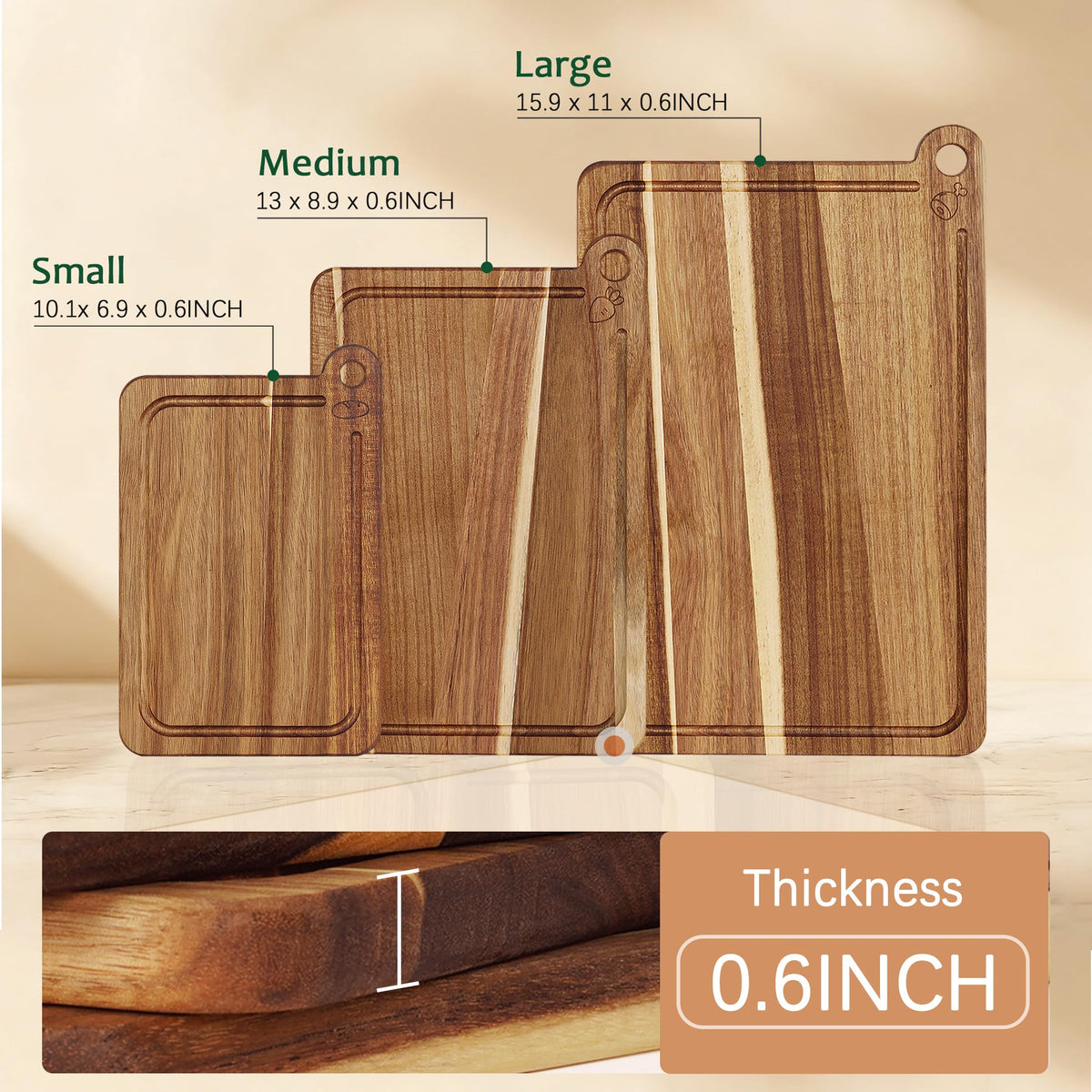 3 Pack Cutting Board Set, Acacia Wood Cutting Boards for Kitchen, Chopping Board with Deep Juice Grooves & Built-in Handle, Charcuterie & Chopping for Meat, Vegetables and Cheese