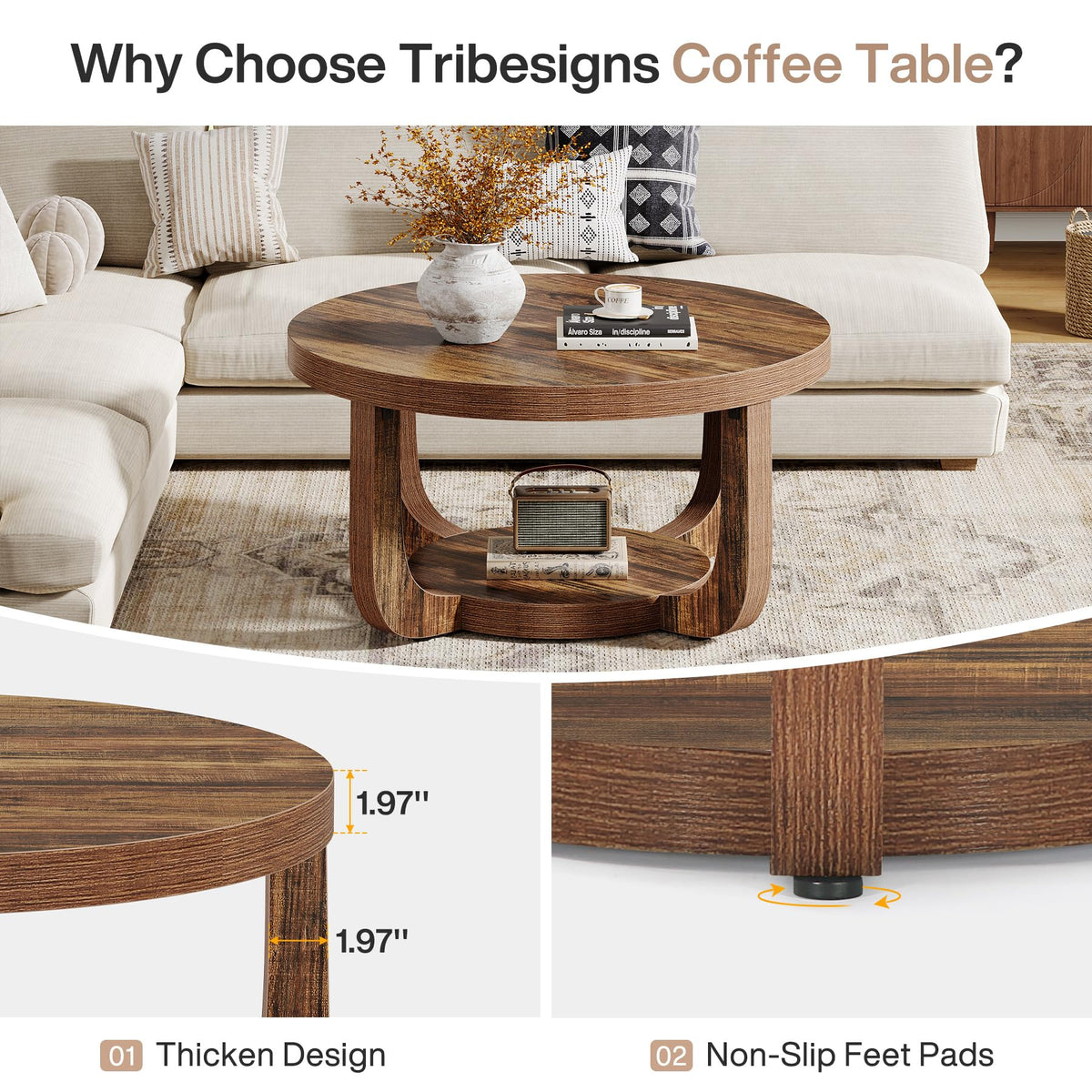 Tribesigns Round Coffee Table, 2-Tier Circle Coffee Table with Storage, Modern Wooden Accent Center Table for Living Room, Thick Tabletop & Base, Dark Brown