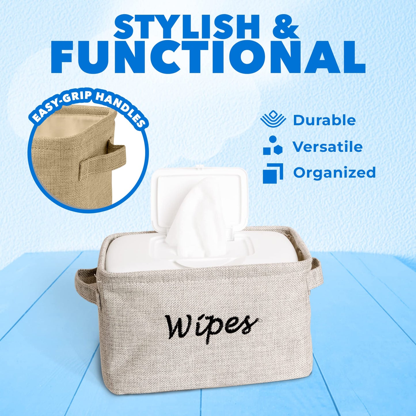 Dejaroo - Baskets for Organizing Wipes and Newborn Essentials, Diaper and Wipes Organizer, Embroidered Baby Shower Gifts for Moms, Linen Basket with Handle, 9 x 6 x 5.5 Inches, Grey