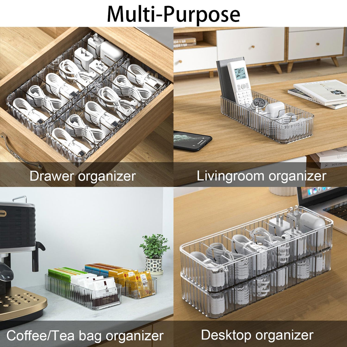 Tamomic Cable Storage Boxes Organizers 2 Pack,Cord Charger Storage Organizer Box Case with 20pcs Cable Ties,Stackable,Clear
