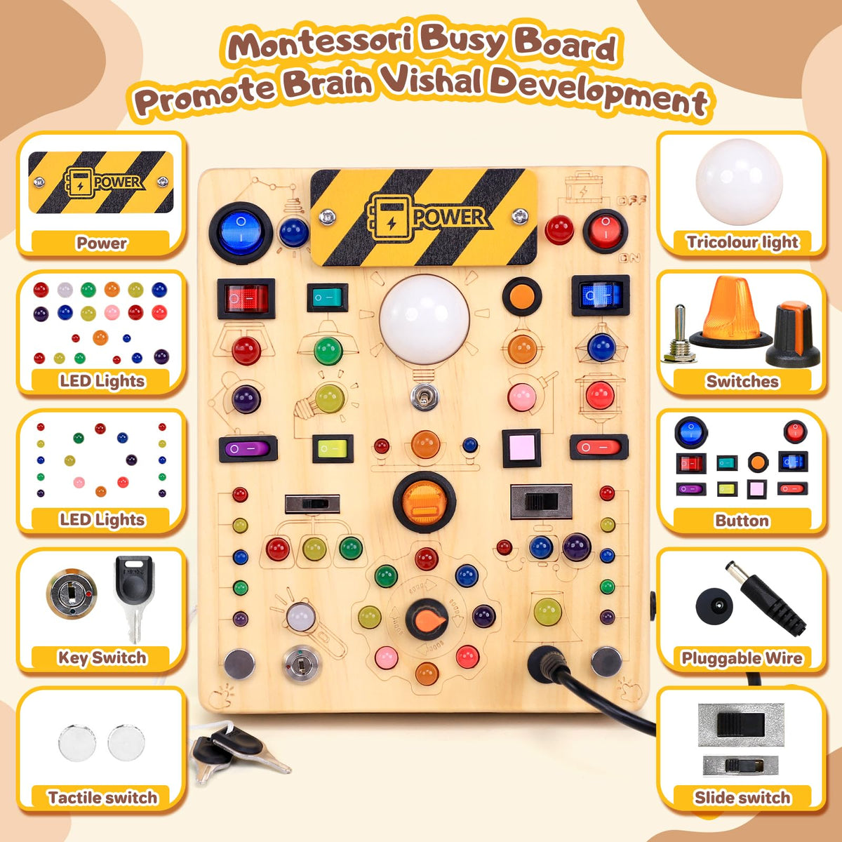 Busy Board with LED Light Switches, Montessori Toys for 1 2 3 Years Old, Toddlers Wooden Toy Sensory Activity Board, Travel Toys for 1+ Year Old Boy & Girl Birthday Gift (19 Switches)
