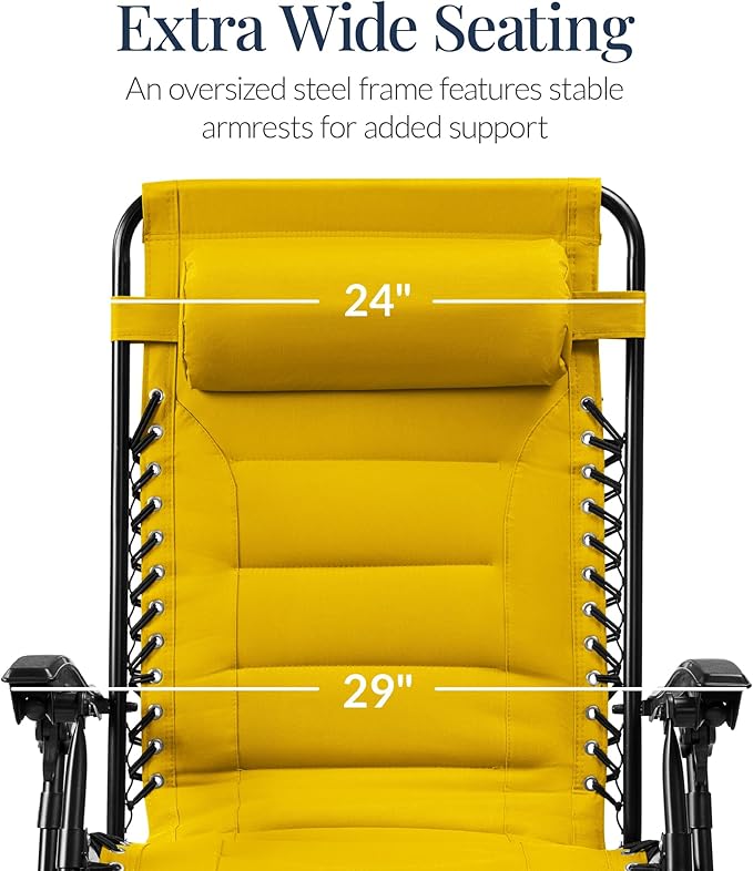 Best Choice Products Oversized Padded Zero Gravity Chair, Folding Outdoor Patio Recliner, XL Anti Gravity Lounger for Backyard w/Headrest, Cup Holder, Side Tray, Polyester Mesh - Yellow