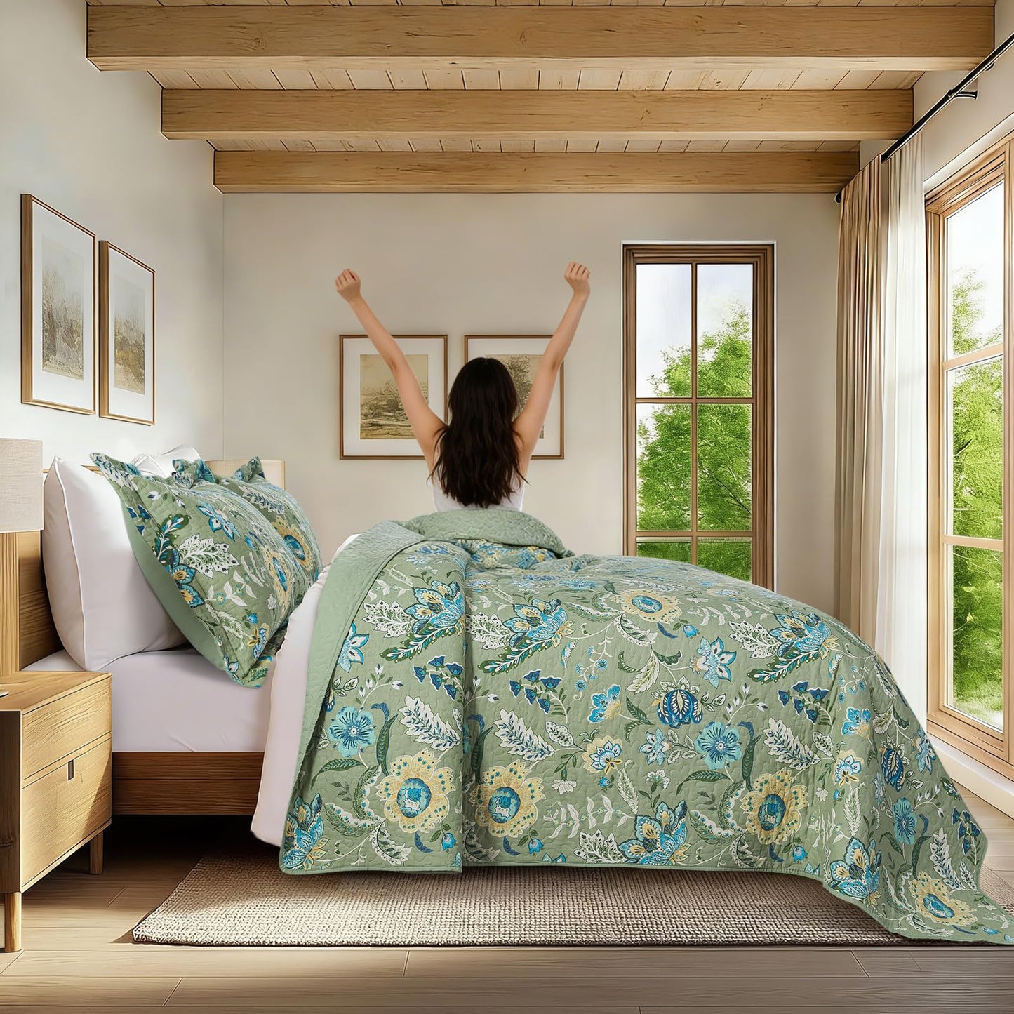 BEDIFANY Green Queen Comforter Set 3 Pieces, Cotton Queen Size Quilts for Bed, Lightweight Farmhouse Quilted Bedspread for All Season, Sage Green