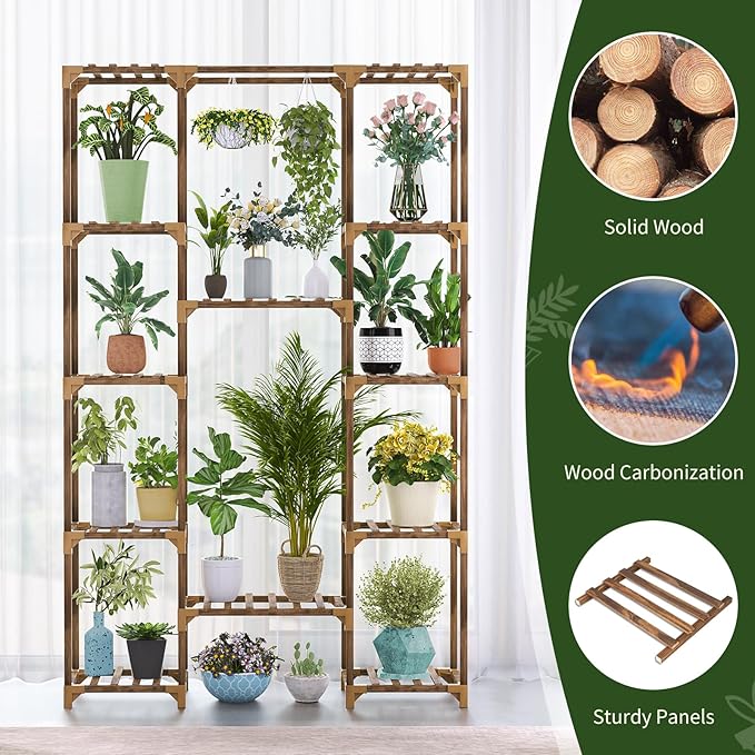 Uneedem Tall Indoor Outdoor Plant Stand - Large 12 Tier Plant Rack with Wooden Shelves for Room, Balcony, Garden, Patio