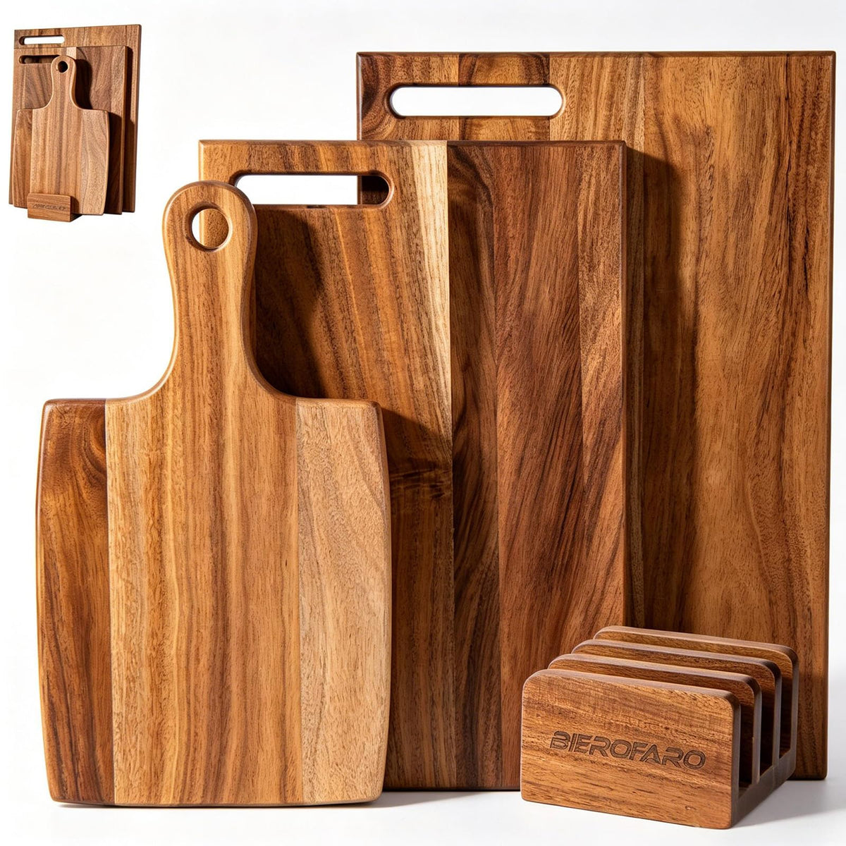 Acacia Wood Cutting Board Set of 3 with Stand – Kitchen & Charcuterie Serving Boards, Multi-Size Wooden Chopping Boards for Meat, Veggies & Fruit, Easy Clean & Space-Saving Display